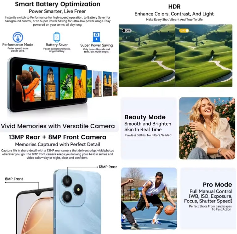 Blackview Wave 9C 4G Android 15 Smartphone 6.56inch HD Screen ROM 128GB (Blue) Smartphone + FREE BT Earphones + FREE US Plug Adapter. smp