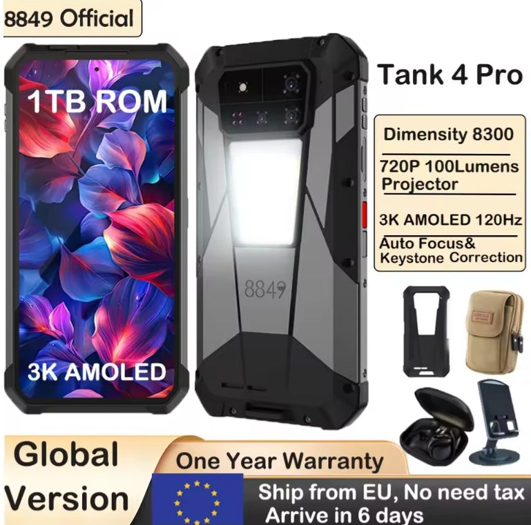 Tank 4 Pro Rugged 5G Android 14 Projector Sports Smartphone (RAM 16GB+512GB ROM) + FREE Tampered Glass Protector + FREE Phone Case. smp